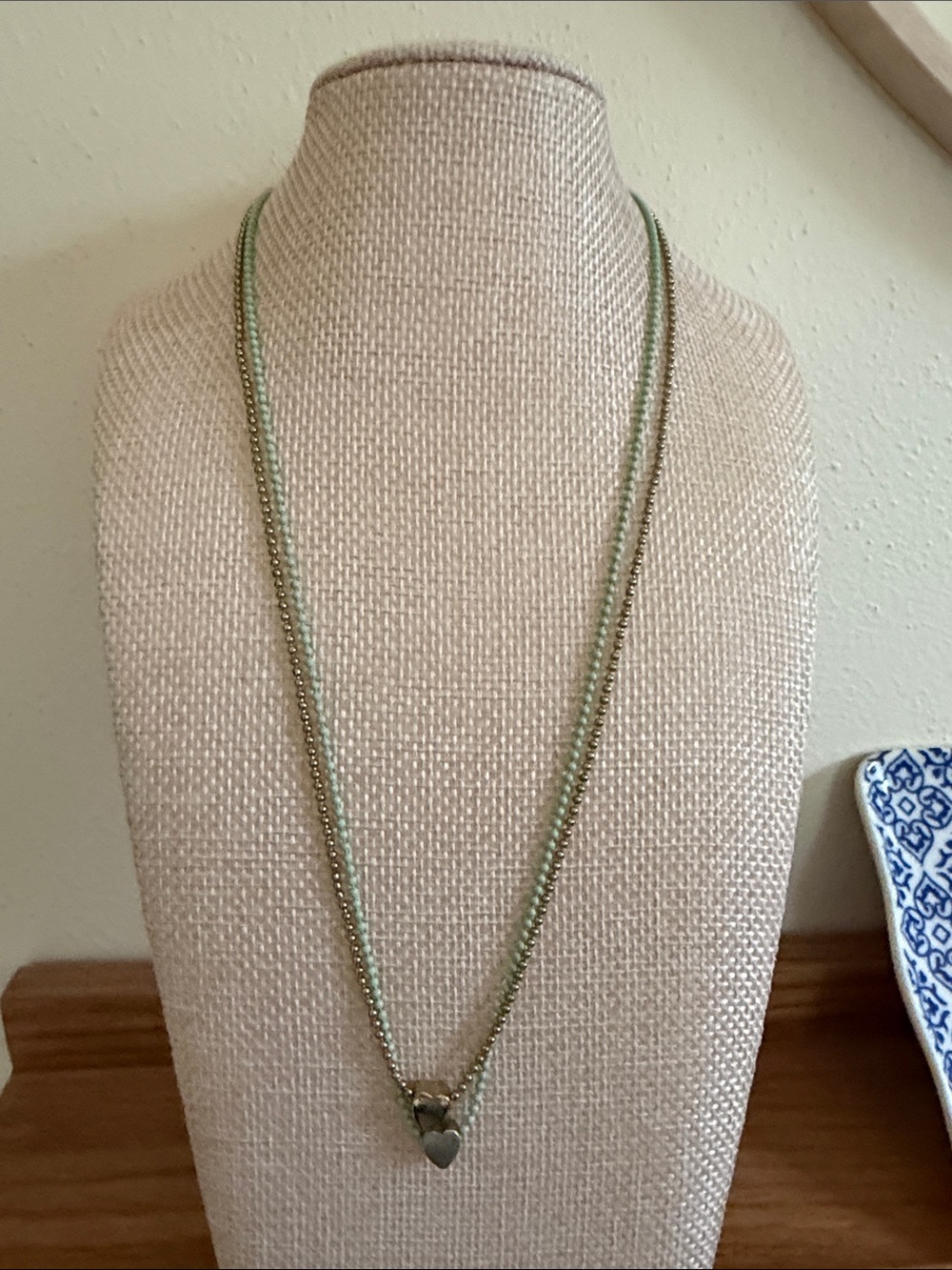 Double Strand Green and Silver Heart Pendant Necklace
